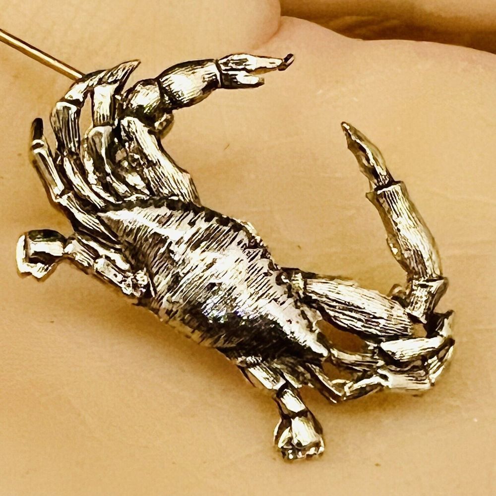 Vintage Jolle Crab Brooch Pinback Cancer June July Birthday Silver Tone 1497
